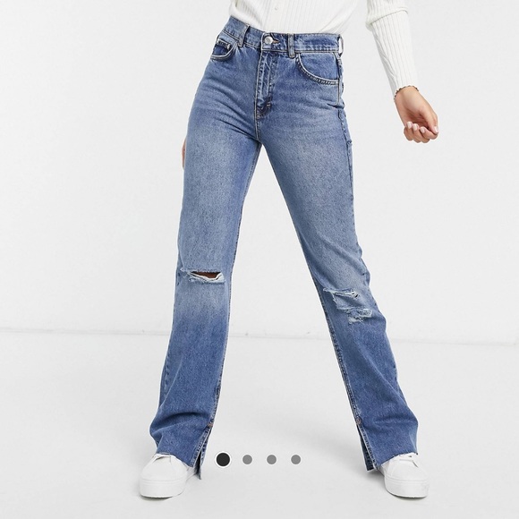 Pull&Bear 90s straight leg jean w/ rips and split hem in blue - Picture 2 of 14